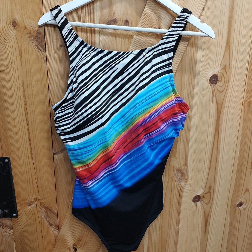 Reebok Womens‎ Sz 16 Black Rainbow Side Stripe One Piece Swimsuit Built Bra Soft